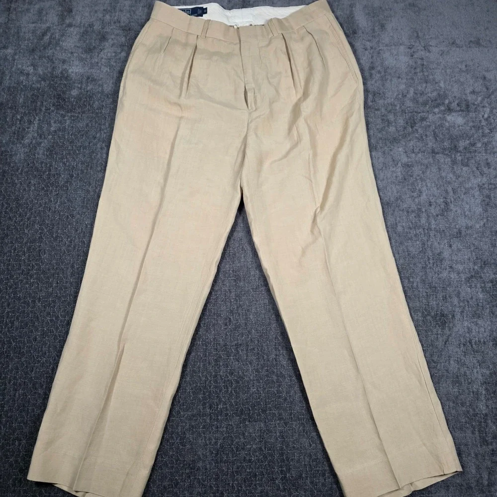 Polo Ralph Lauren Mens 34x28 Linen Silk Pleated Trousers Dress Pants Tan Khaki